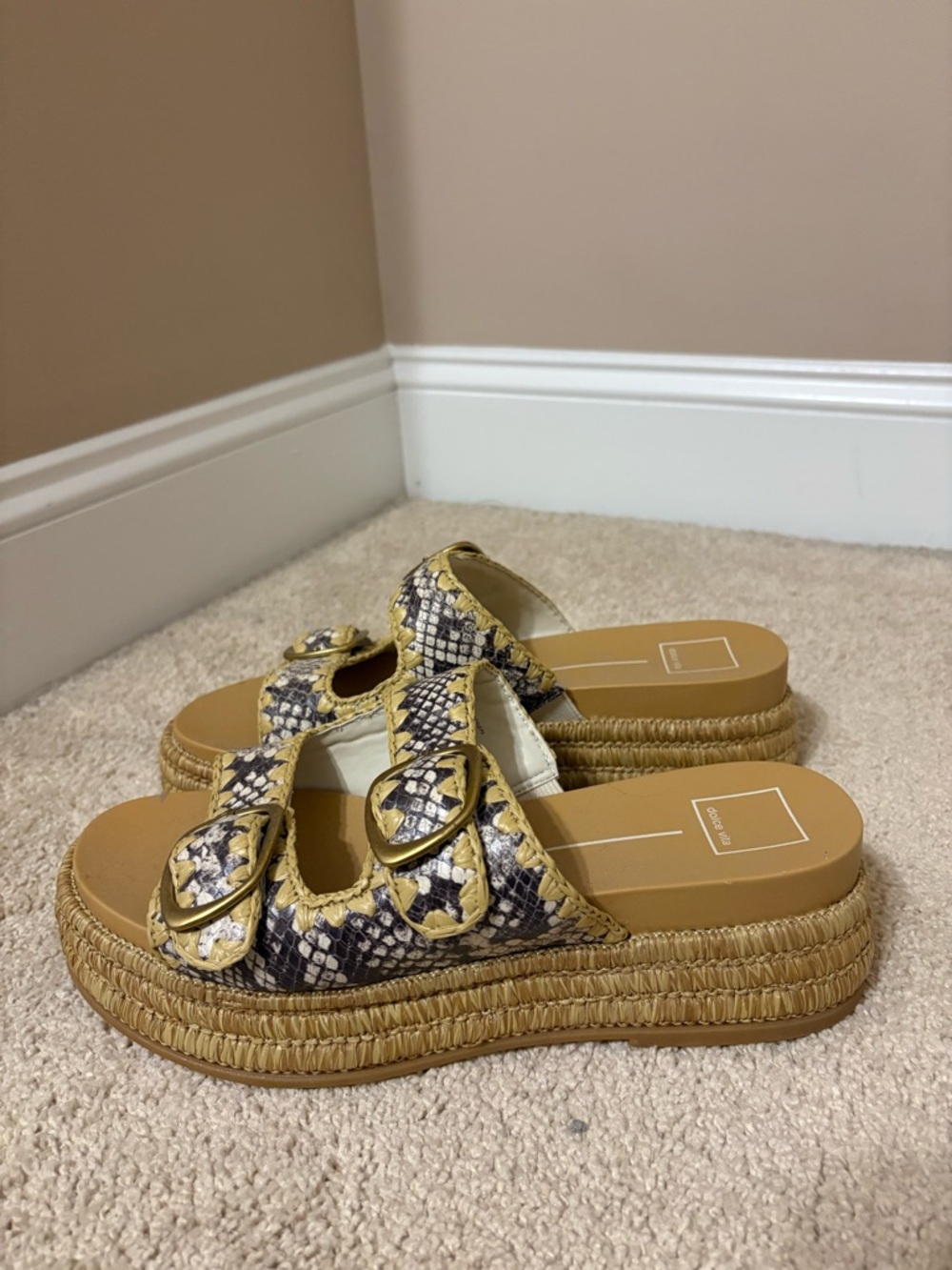 Dolce Vita Tan Snake-Print Raffia Platform Slide Sandals Size 9.5 - Picture 3 of 7